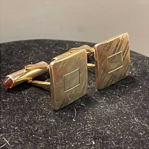 Vintage 60s Krementz square gold filled ribbed engravable bullet back cuff links - Picture 5 of 15
